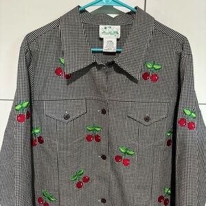 VTG Quacker Factory Womens Jacket Large Black White Gingham Button Cherry Preppy